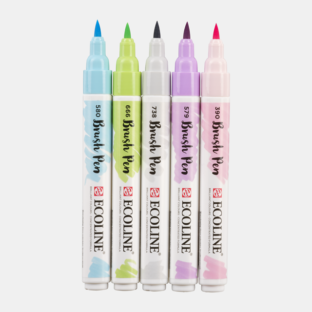 Set van 5 Pastel kleuren Ecoline Brushpennen in kartonnen etui van Talens