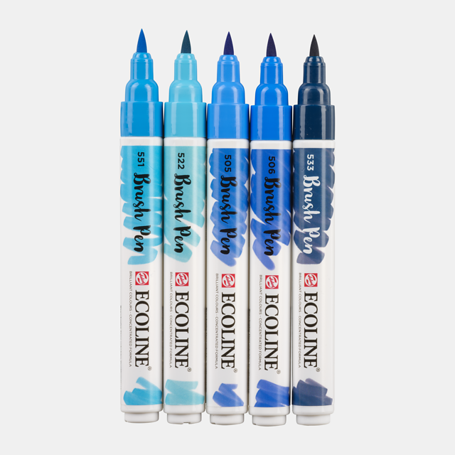 Set van 5 Blauw kleuren Ecoline Brushpennen in kunststof etui van Talens
