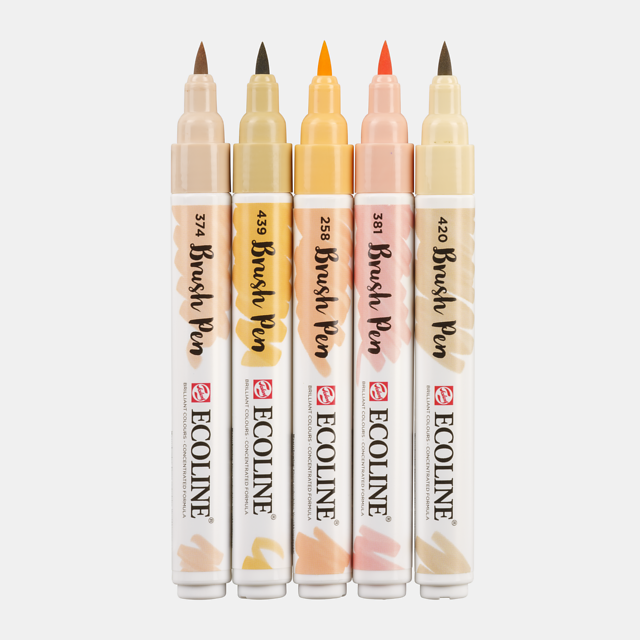 Set van 5 Beige roze kleuren Ecoline Brushpennen in kunststof etui van Talens