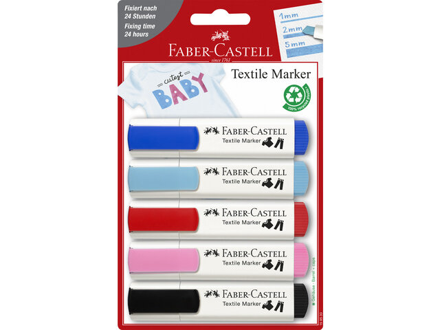 5 x Textielmarker set Faber-Castell met donker blauw rood..