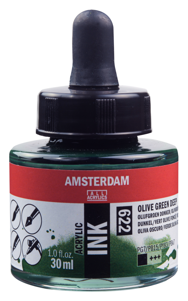 Olijfgroen donker Acryl Inkt Amsterdam 30 ML Kleur 622
