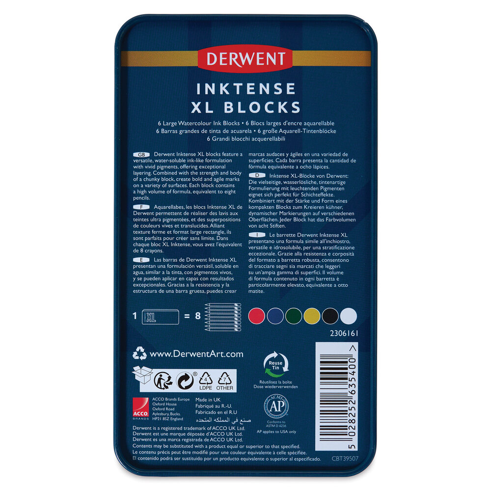Derwent Inktense XL Blocks set in metalen etui met 6 kleuren