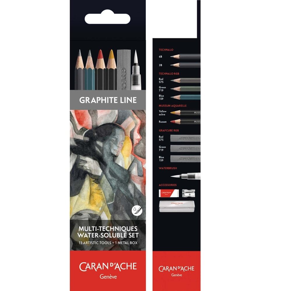 Set van 7 aquarel Graphite / Grafiet potloden 3 stiften &amp; accessoires Caran d'Ache Technalo