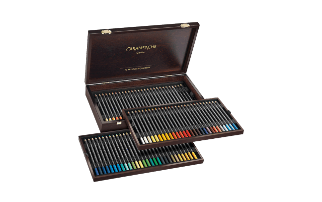 Houten koffer met 80 kleuren + 4 (watervermengbare) grafiet potloden / Wooden Box Caran d'Ache Museum Aquarelpotlood / Pencil Set 476
