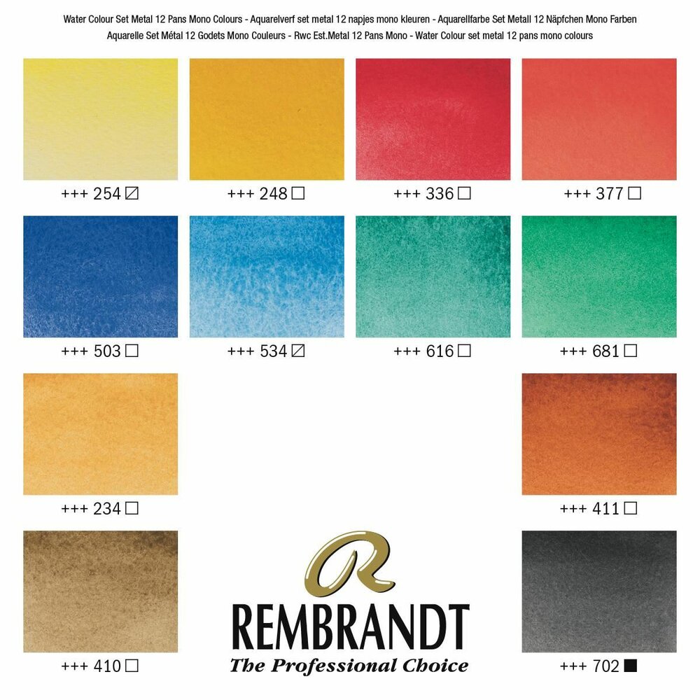 12 napjes + penseel Monogepigmenteerde Kleuren set Rembrandt Professionele Aquarelverf kleurenkaart van de set