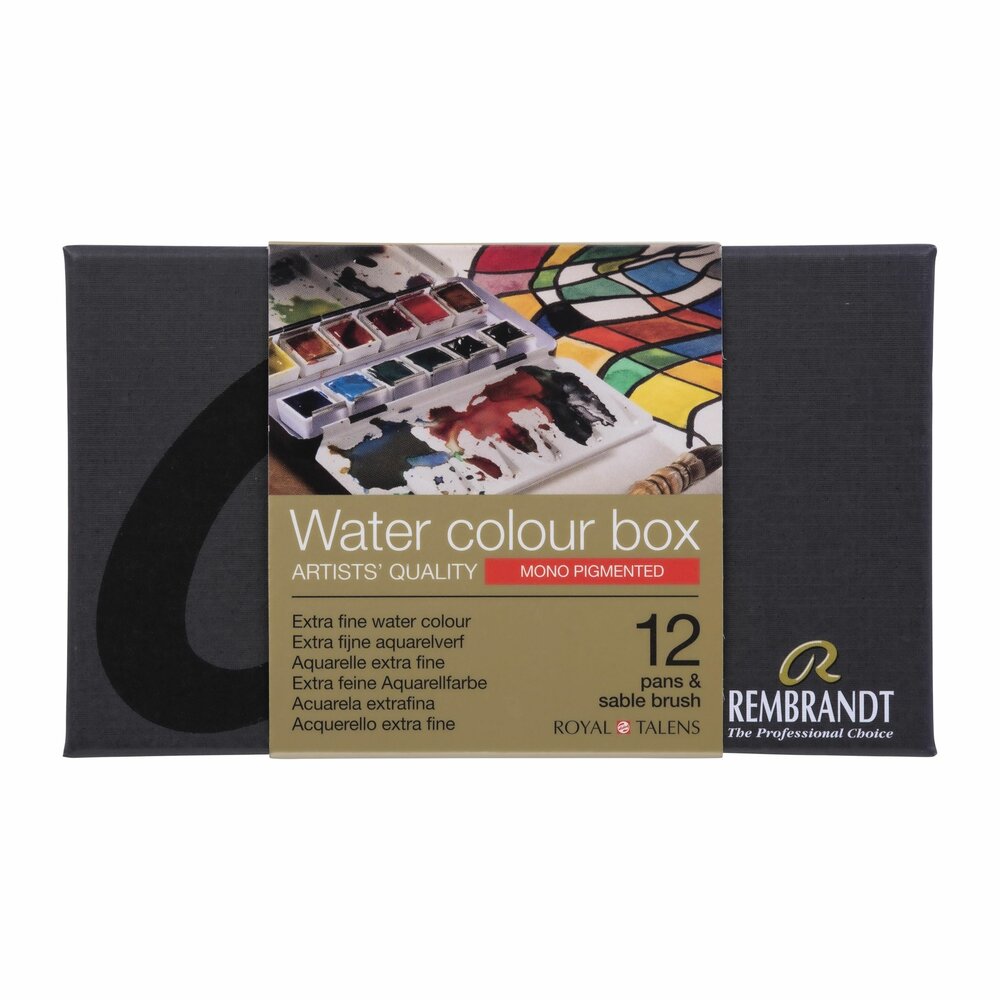 12 napjes + penseel Monogepigmenteerde Kleuren set Rembrandt Professionele Aquarelverf voorkant set