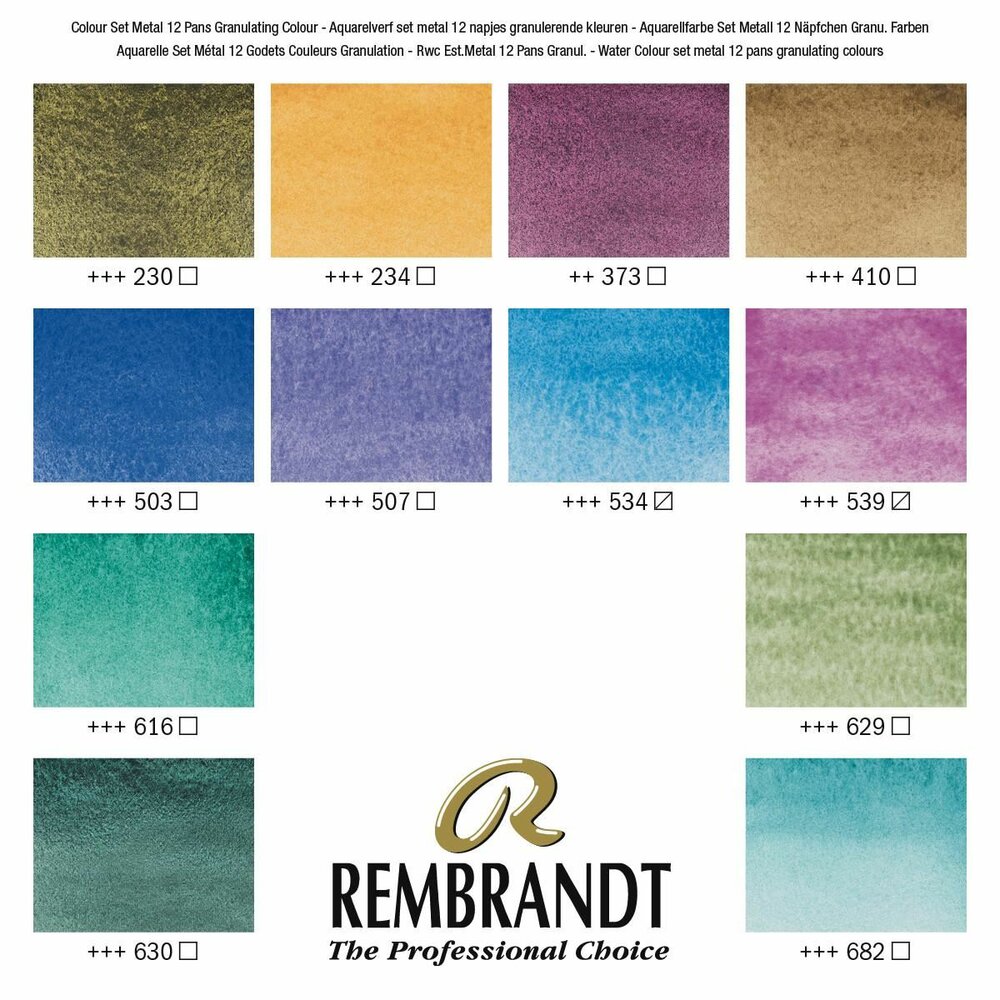Kleurenkaart van de set: 12 napjes + penseel Granulerende Kleuren set Rembrandt Professionele Aquarelverf