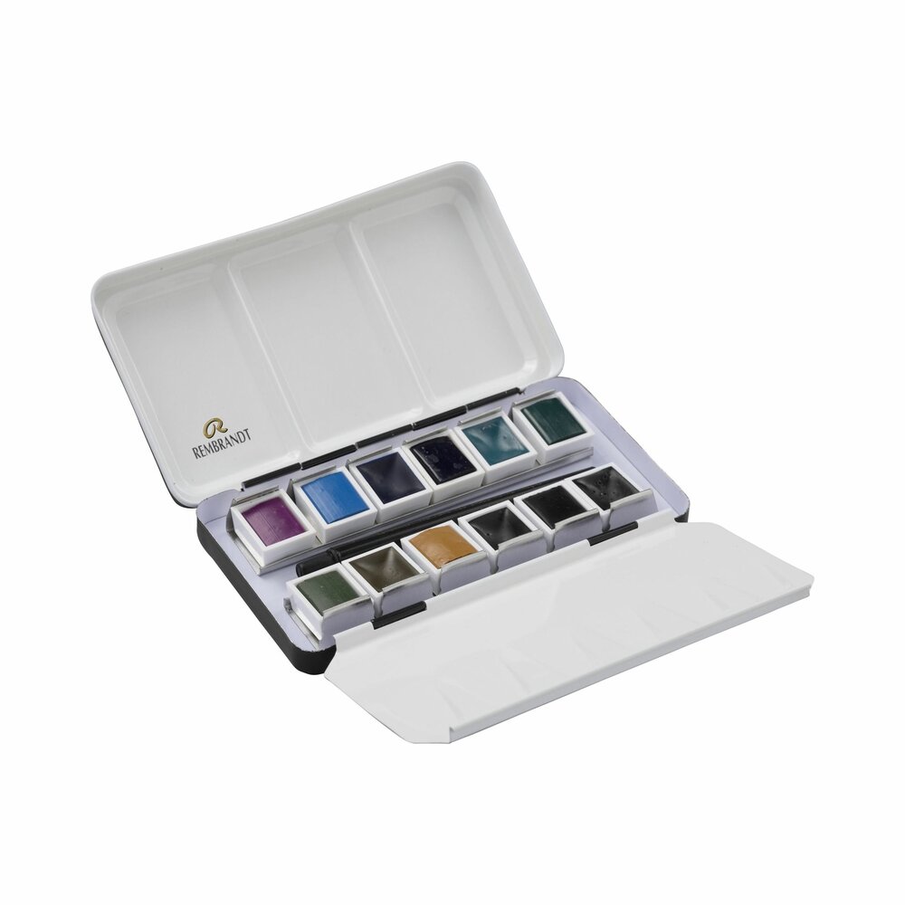 Inhoud van de set (open geklapt): 12 napjes + penseel Granulerende Kleuren set Rembrandt Professionele Aquarelverf