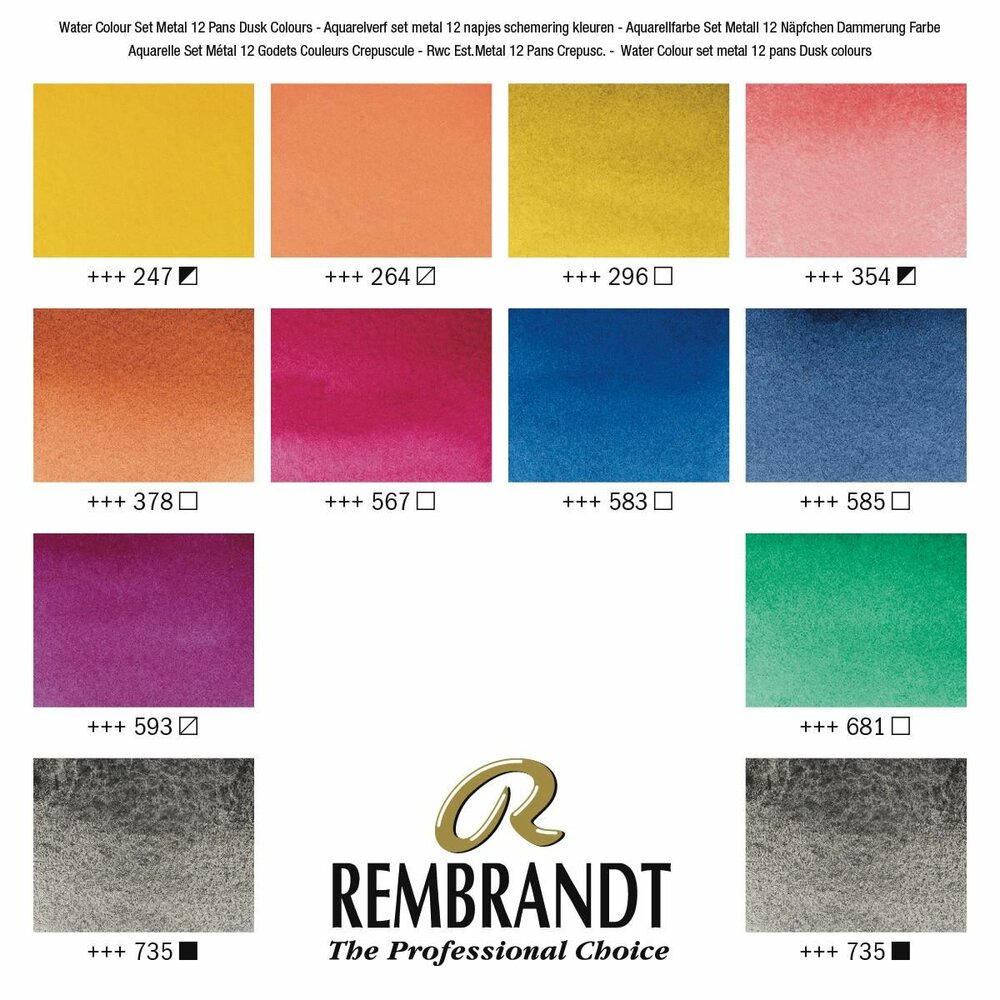 Kleurenkaart van set: 12 napjes + penseel Oxydzwart Mengkleuren set Rembrandt Professionele Aquarelverf