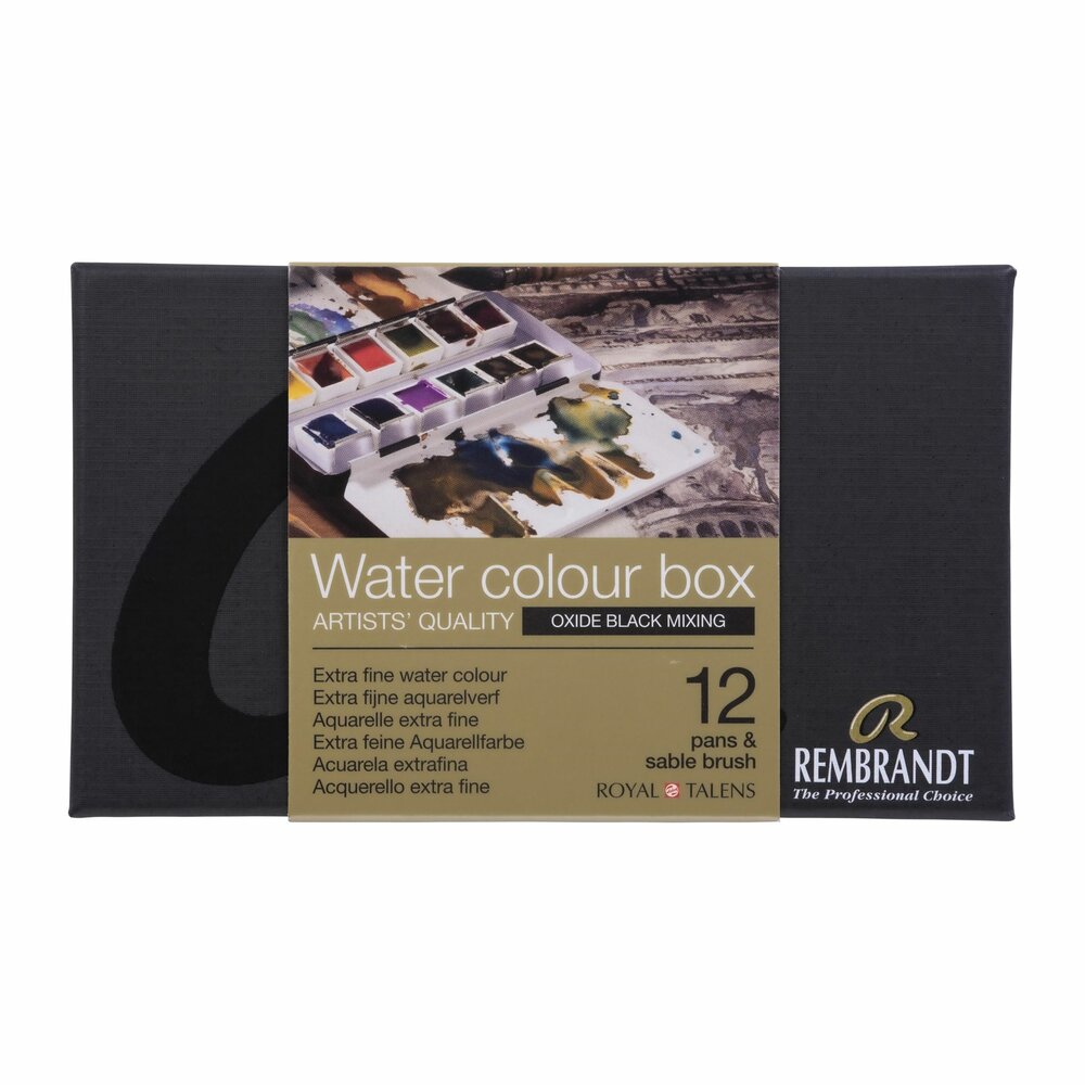 Voorkant van set: 12 napjes + penseel Oxydzwart Mengkleuren set Rembrandt Professionele Aquarelverf