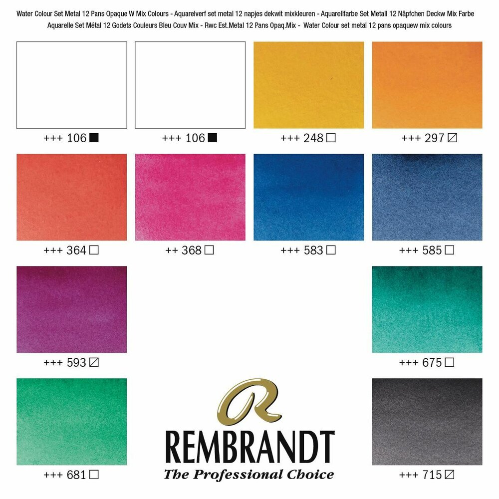 Kleurenkaart 12 napjes + penseel Dekwit Mengkleuren set Rembrandt Professionele Aquarelverf