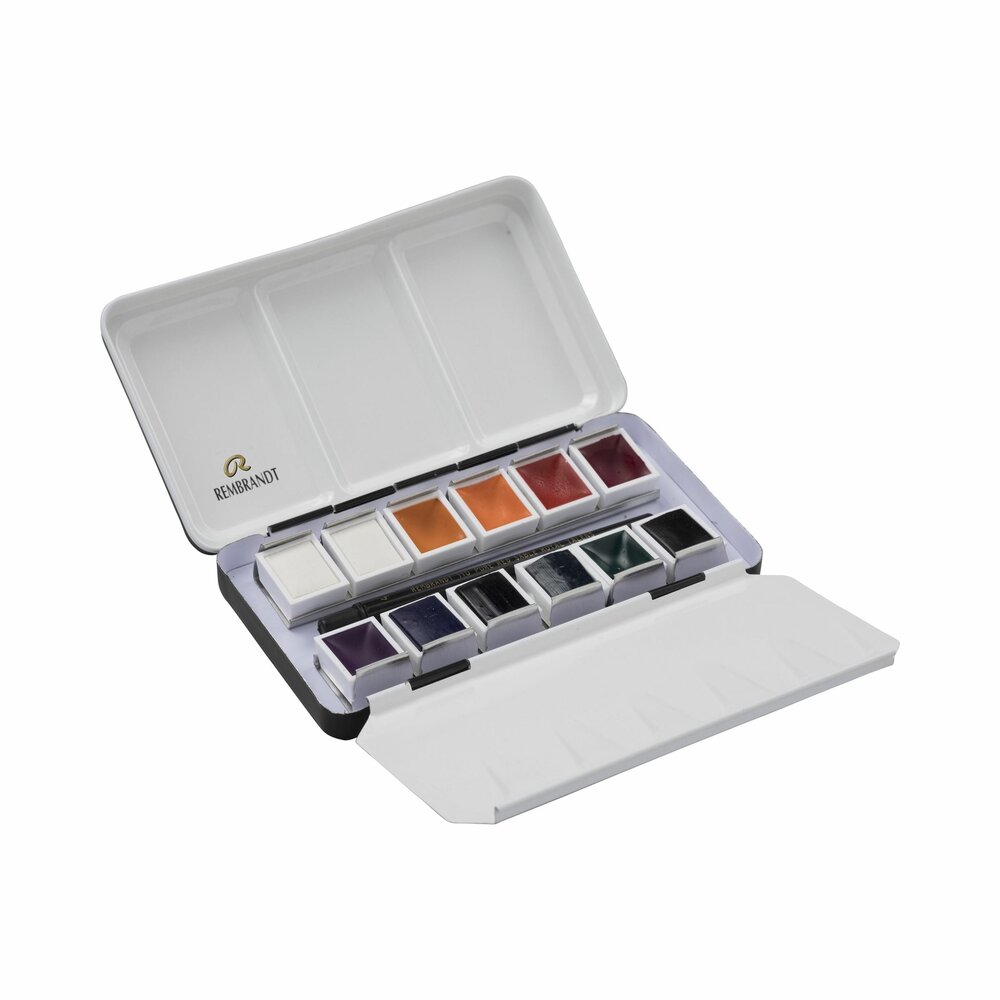 Inhoud set opengeklapt: 12 napjes + penseel Dekwit Mengkleuren set Rembrandt Professionele Aquarelverf