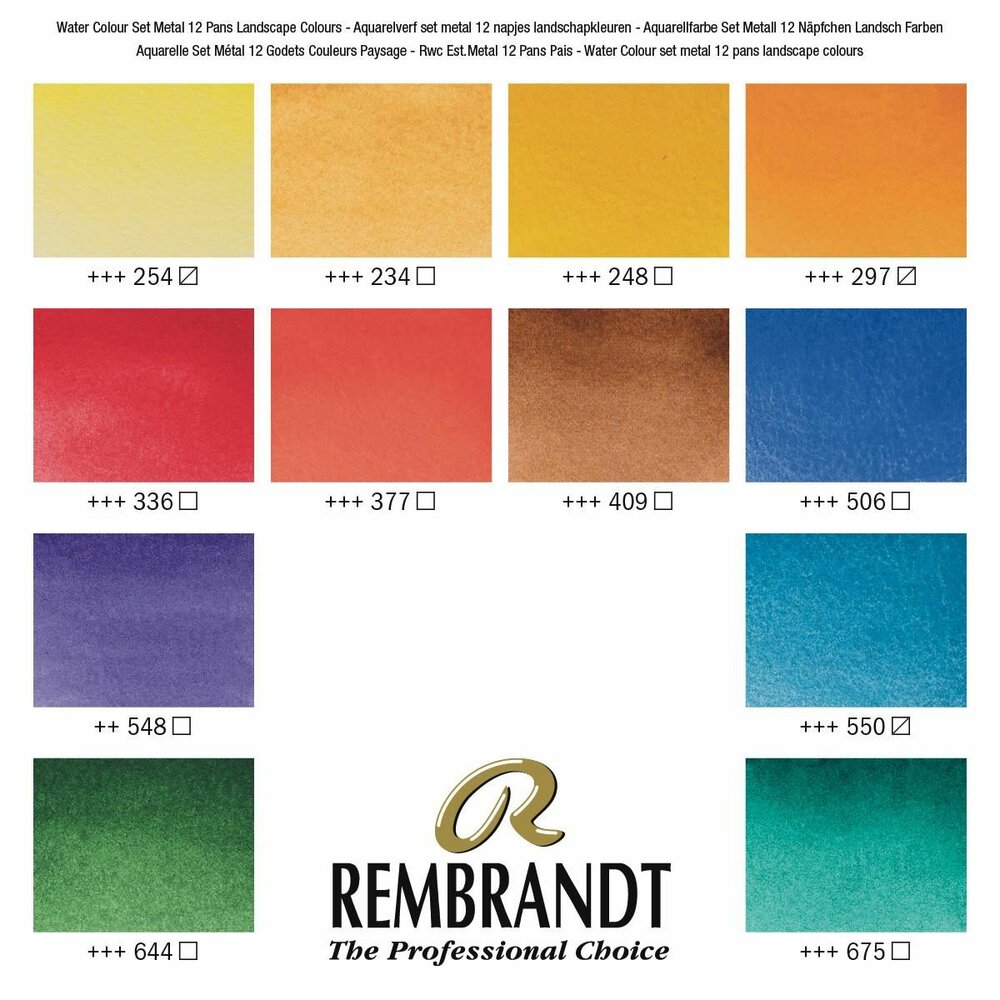 Kleurenkaart van set: 12 napjes + penseel Landschapsselectie set Rembrandt Professionele Aquarelverf