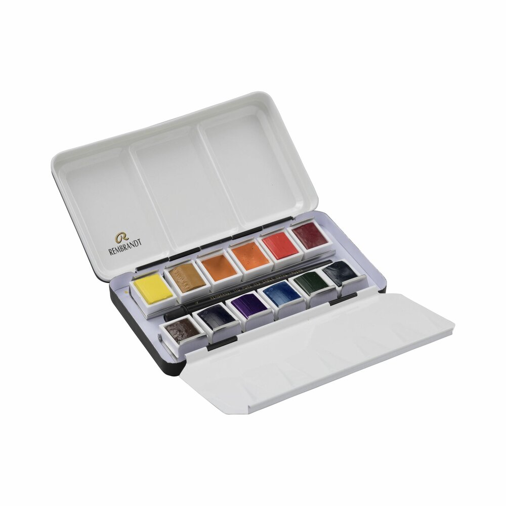 Inhoud van set (open geklapt): 12 napjes + penseel Landschapsselectie set Rembrandt Professionele Aquarelverf