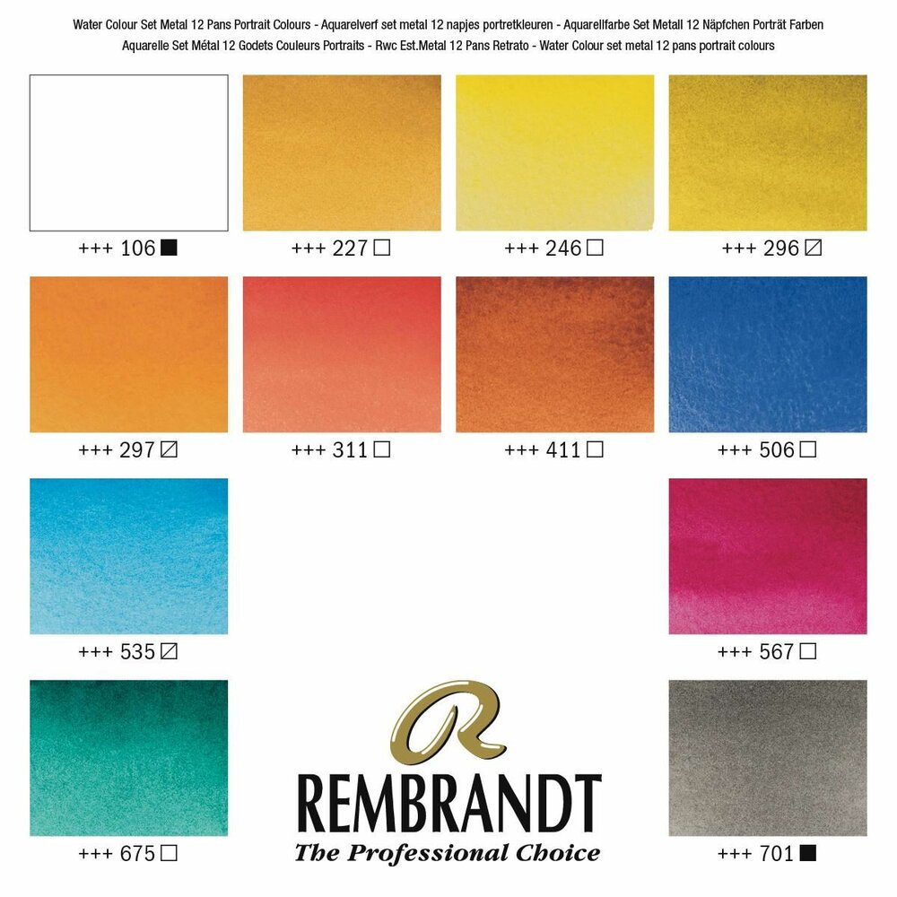Kleurenkaart van set: 12 napjes + penseel Portretselectie set Rembrandt Professionele Aquarelverf