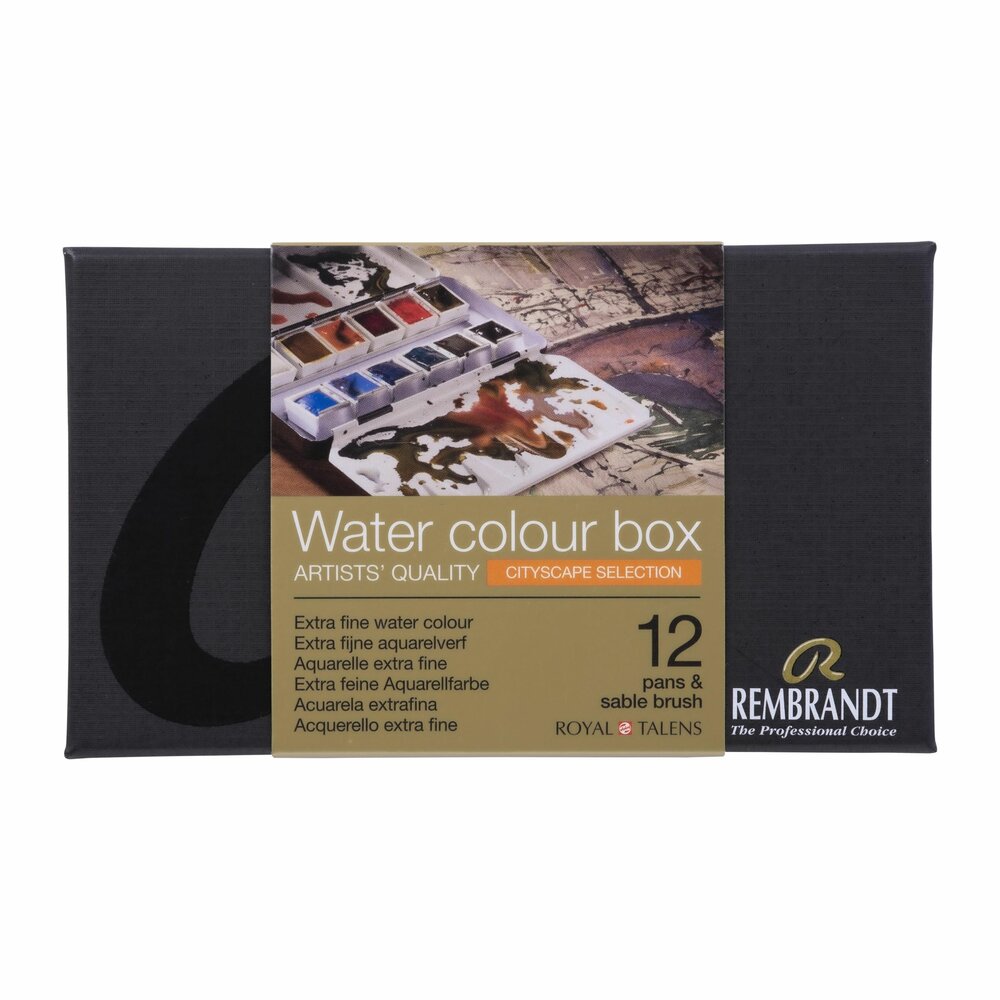 Voorkant van set: 12 napjes + penseel Urban Cityscape set Rembrandt Professionele Aquarelverf