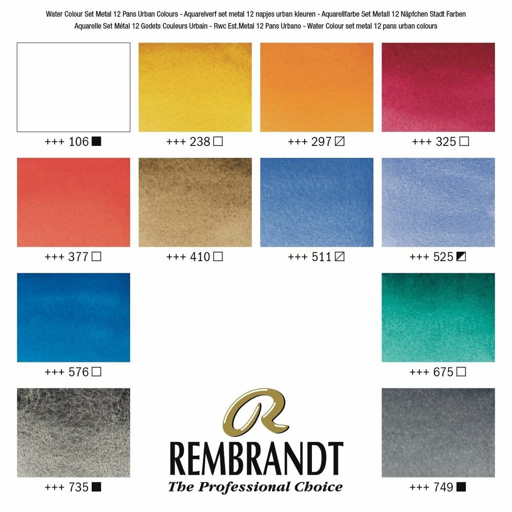 Kleurenkaart van set: 12 napjes + penseel Urban Cityscape set Rembrandt Professionele Aquarelverf
