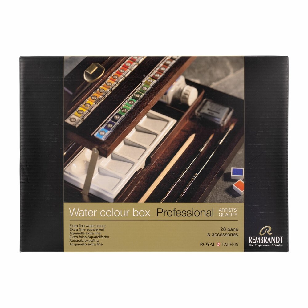 Voorkant van set: 28 napjes + accessoires luxe houten kist Rembrandt Professionele Aquarelverf