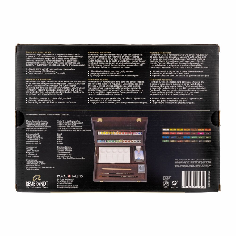 Achterkant van set: 28 napjes + accessoires luxe houten kist Rembrandt Professionele Aquarelverf