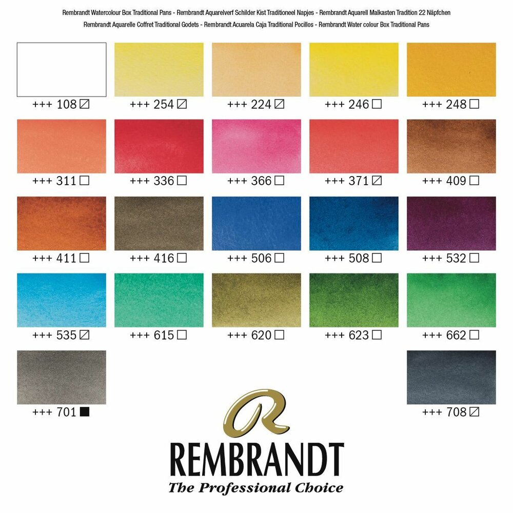 Kleurenkaart van set: 24 napjes + accessoires luxe houten kist Rembrandt Professionele Aquarelverf