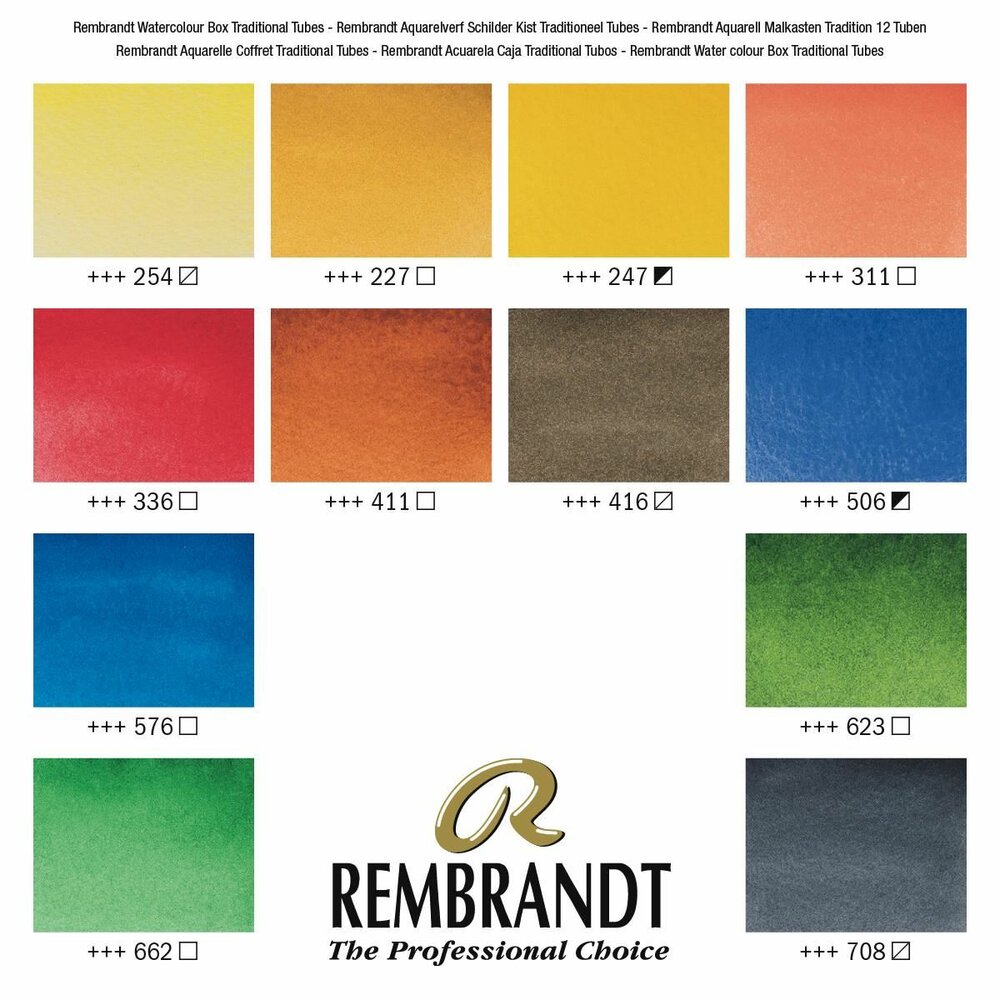 Kleurenkaart set: 12 x 10 ml tubes + accessoires luxe houten kist Rembrandt Professionele Aquarelverf