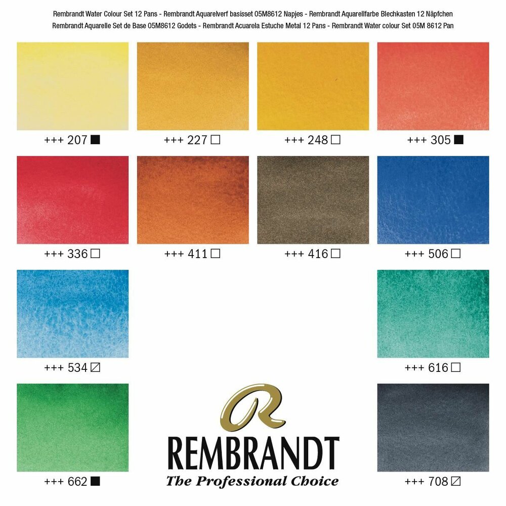 Kleurenkaart set: 12 napjes + penseel set Rembrandt Professionele Aquarelverf