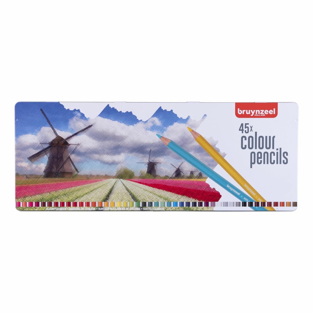 Voorkant van de 45 x Bruynzeel Kleurrijk Kleurpotloden in metalen set