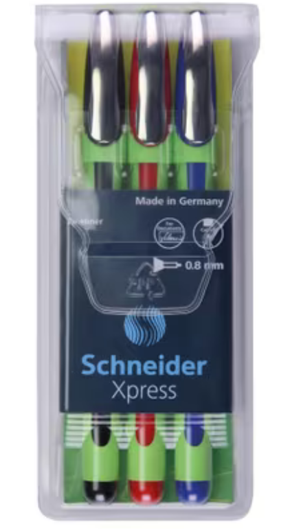 Schneider Xpress Fineliner Set &ndash; 3 Kleuren (Zwart, Rood, Blauw)