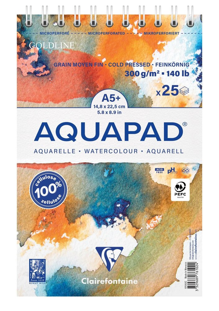 976102C A5+ Clairefontaine Aquapad Aquarelpapier Blok Vegan &ndash; 25 Vellen, 300g, Spiraalbinding 3329689761024
