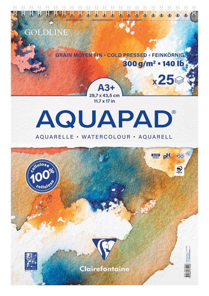 976104C A3+ Clairefontaine Aquapad Cold Pressed Aquarelpapier Blok Vegan &ndash; 25 Vellen, 300g, Spiraalbinding 3329689761048
