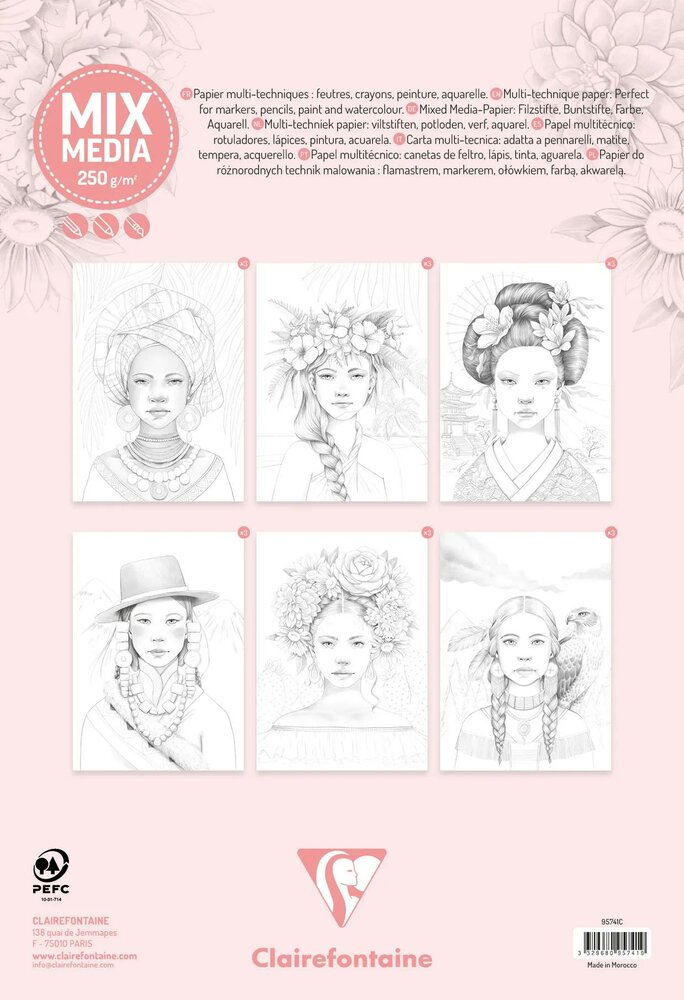 ODELIA Clairefontaine Multi-Techniek Kleurboek &ndash; A4+ Blok, 20 Vellen, 250g, Spiraalbinding &ndash; Vrouwen