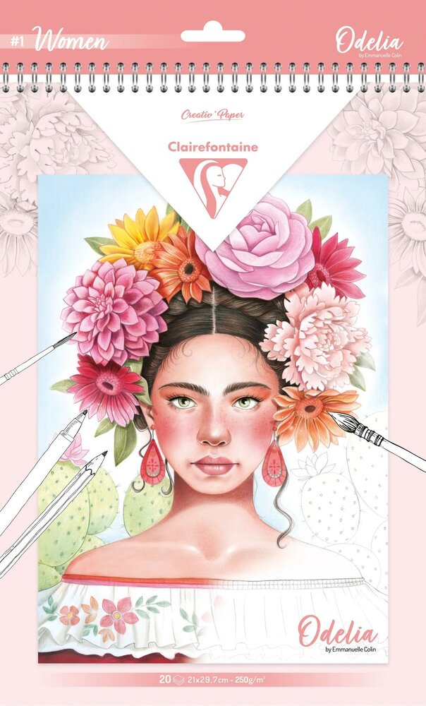Voorkant van ODELIA Clairefontaine Multi-Techniek Kleurboek &ndash; A4+ Blok, 20 Vellen, 250g, Spiraalbinding &ndash; Vrouwen