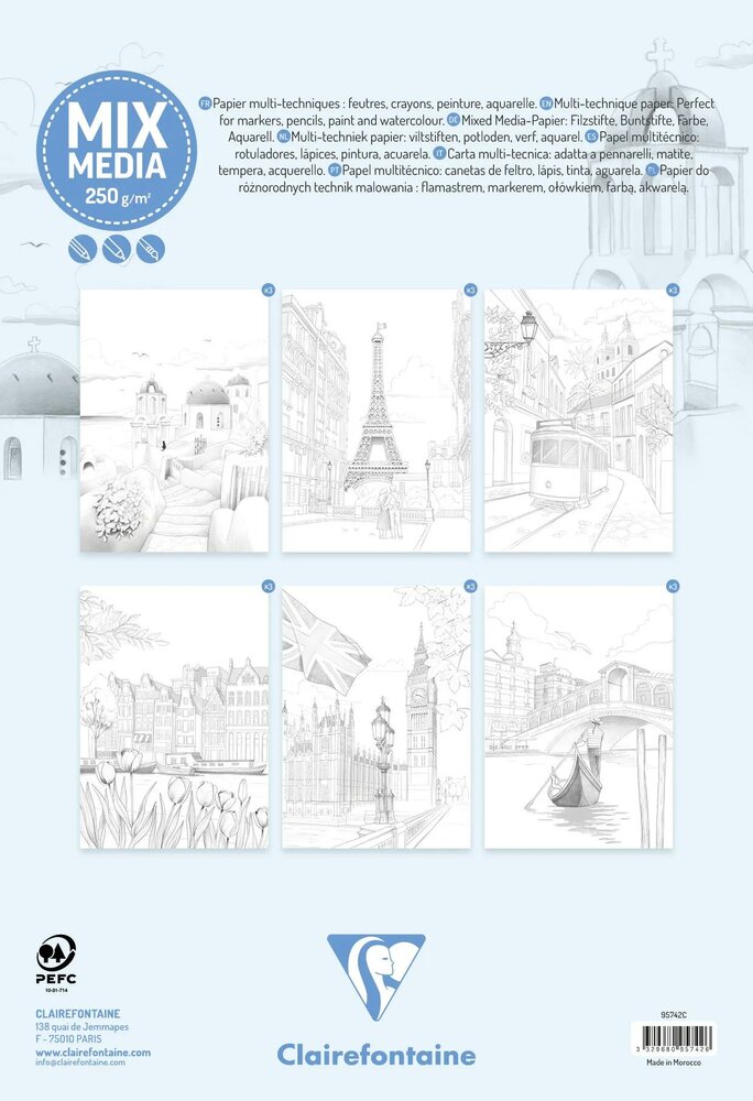 ODELIA Clairefontaine Multi-Techniek Kleurboek &ndash; A4+ Blok, 20 Vellen, 250g, Spiraalbinding &ndash; Steden