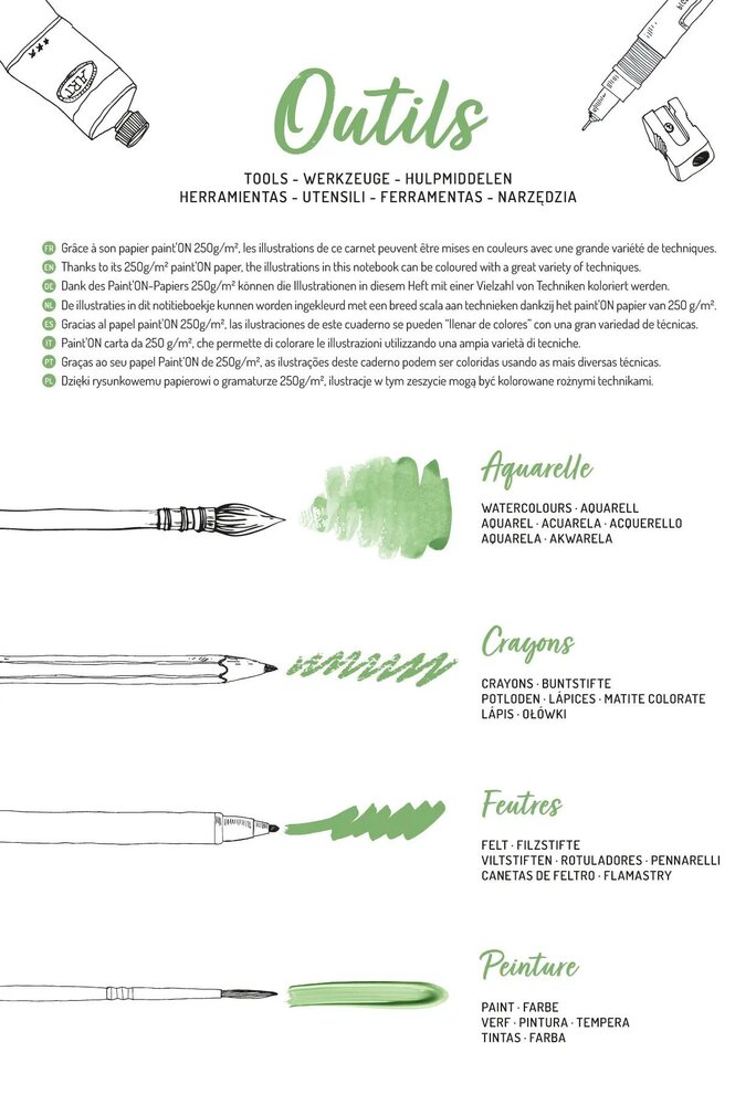 ODELIA Clairefontaine Multi-Techniek Kleurboek &ndash; A4+ Blok, 20 Vellen, 250g, Spiraalbinding &ndash; Tuinen