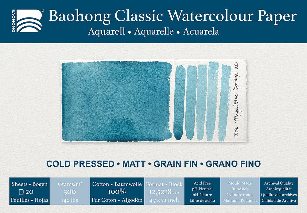 125 x 180 mm 4-zijdig verlijmd 300 grams Cold Pressed Grain Fin Medium Baohong Classic 100 % katoen aquarelpapier Blok 20 vel