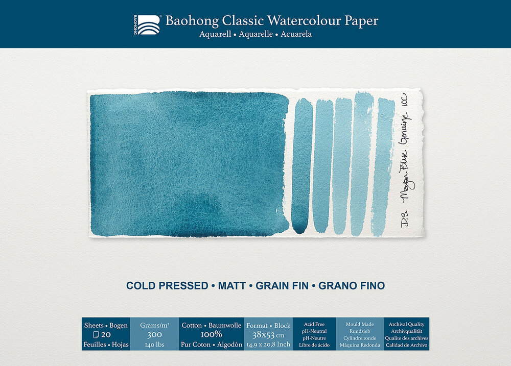 380 x 530 mm 4-zijdig verlijmd 300 grams Cold Pressed Grain Fin Medium Baohong Classic 100 % katoen aquarelpapier Blok 20 vel