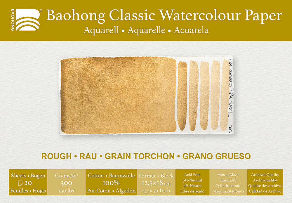 125 x 180 mm 4-zijdig verlijmd 300 grams Rough Grain Torchon Ruw Baohong Classic 100 % katoen aquarelpapier Blok 20 vel