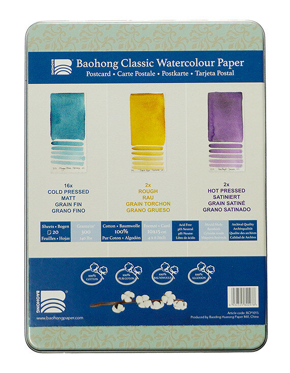 100 x 150 mm 300 grams Hot Pressed / Cold Pressed / Rough  2 x Glad / 16 x Medium / 2 x Ruw Baohong Classic 100 % katoen aquarelpapier 20 vel (assorti)