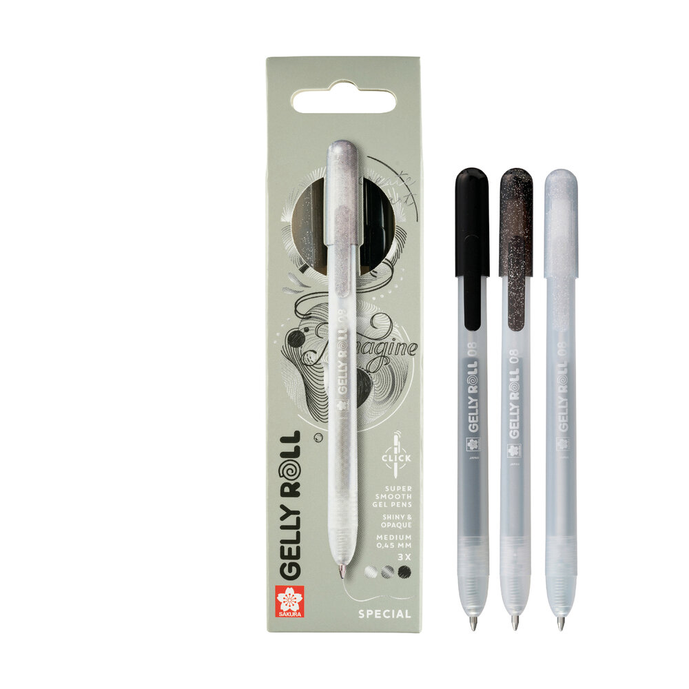 3 x Special Mix B Sakura Retractable Gelly Roll (klikpen) (Zwart-Zilver-Zwart) Set X3B