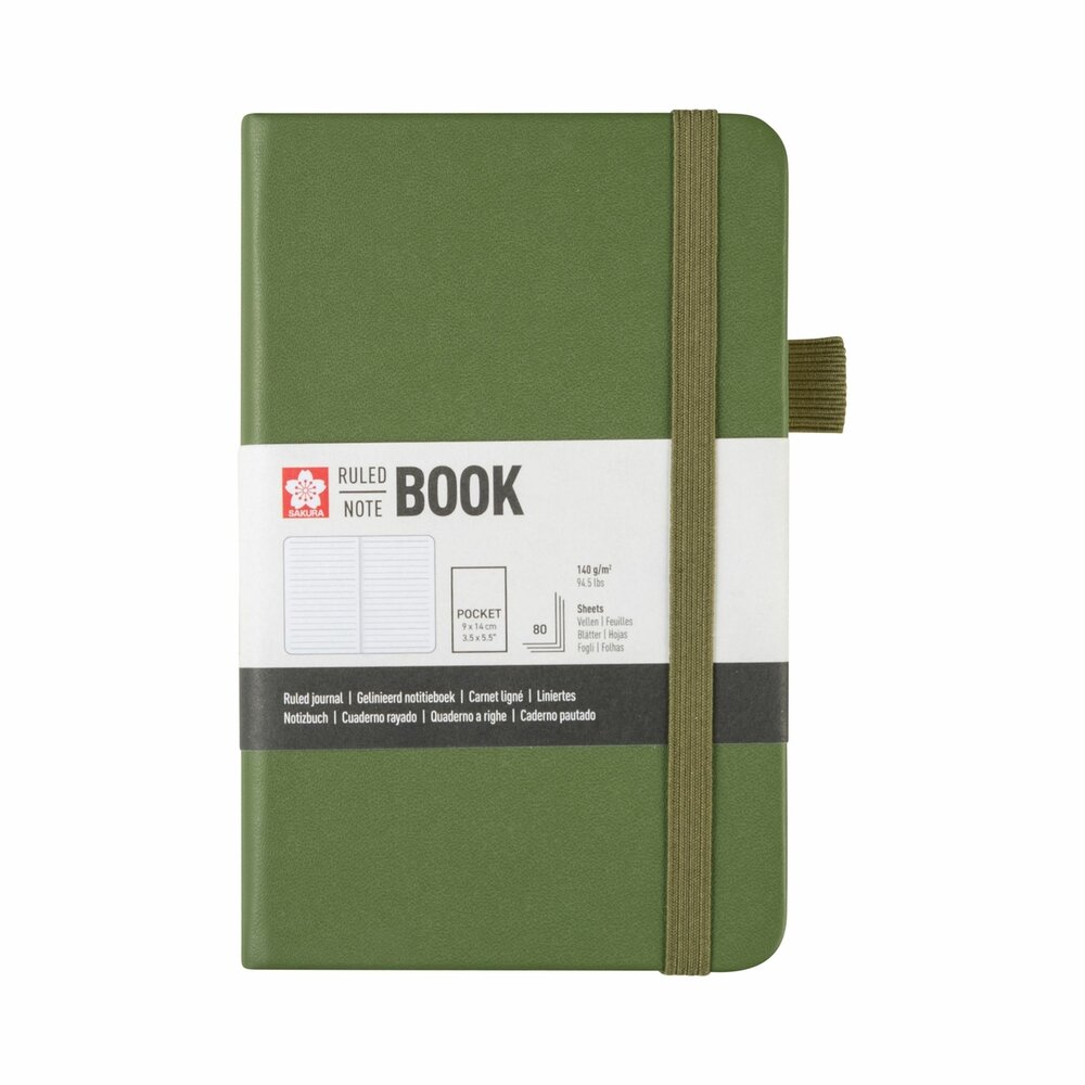 Pocket notitieboek 9 x 14 cm, 80 vellen gelijnd papier, dennengroene harde kaft &ndash; Sakura