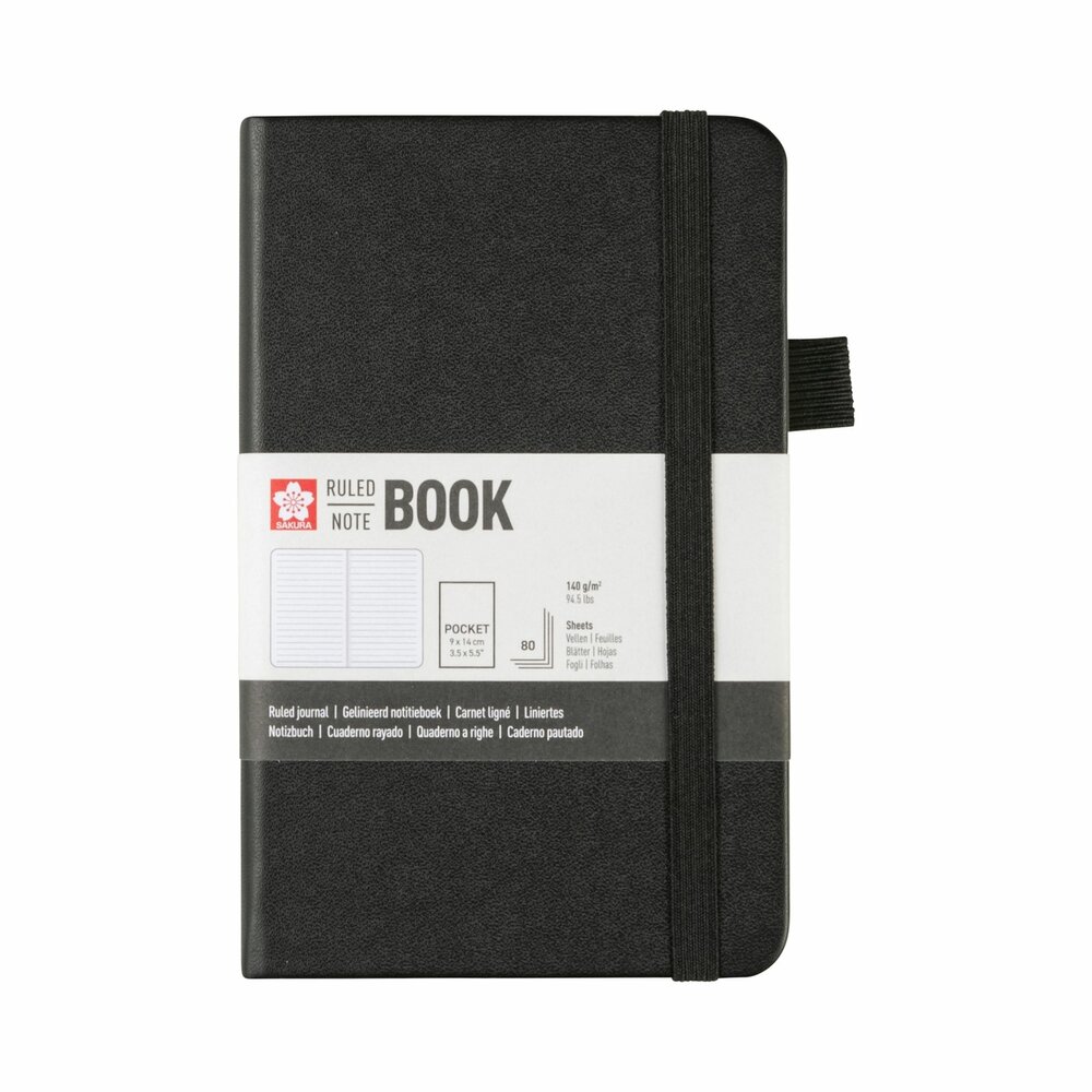Pocket notitieboek 9 x 14 cm, 80 vellen gelijnd papier, zwarte harde kaft &ndash; Sakura