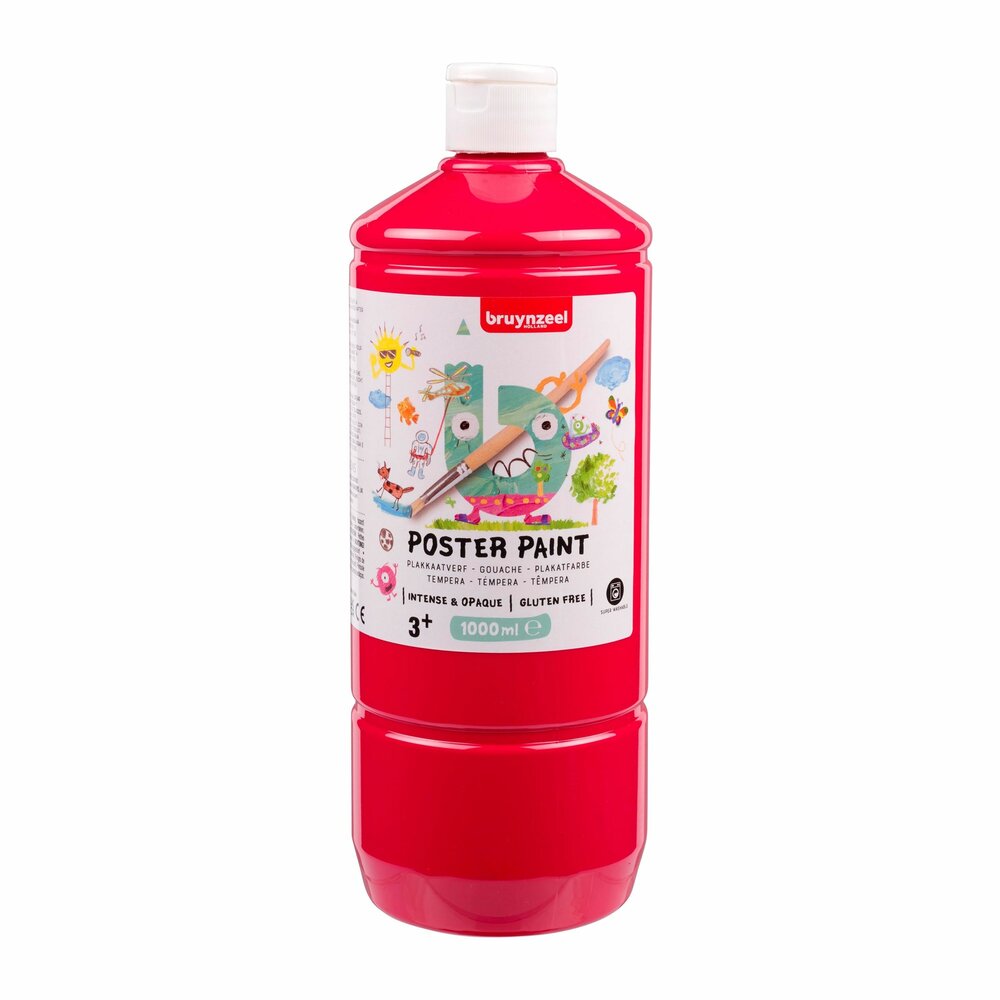 Bruynzeel Poster Paint 1L &ndash; Primair Rood (Magenta), kindvriendelijke waterverf in knijpfles, vegan en superwasbaar.