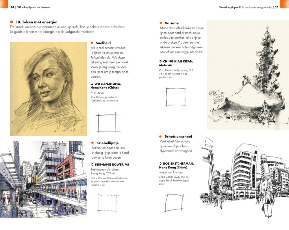 Voorbeeldpagina met urban sketch en schetstip &ndash; leer snel tekenen op locatie met heldere uitleg