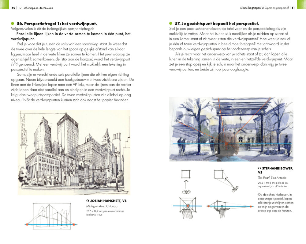 Voorbeeldpagina met urban sketch en schetstip &ndash; leer snel tekenen op locatie met heldere uitleg