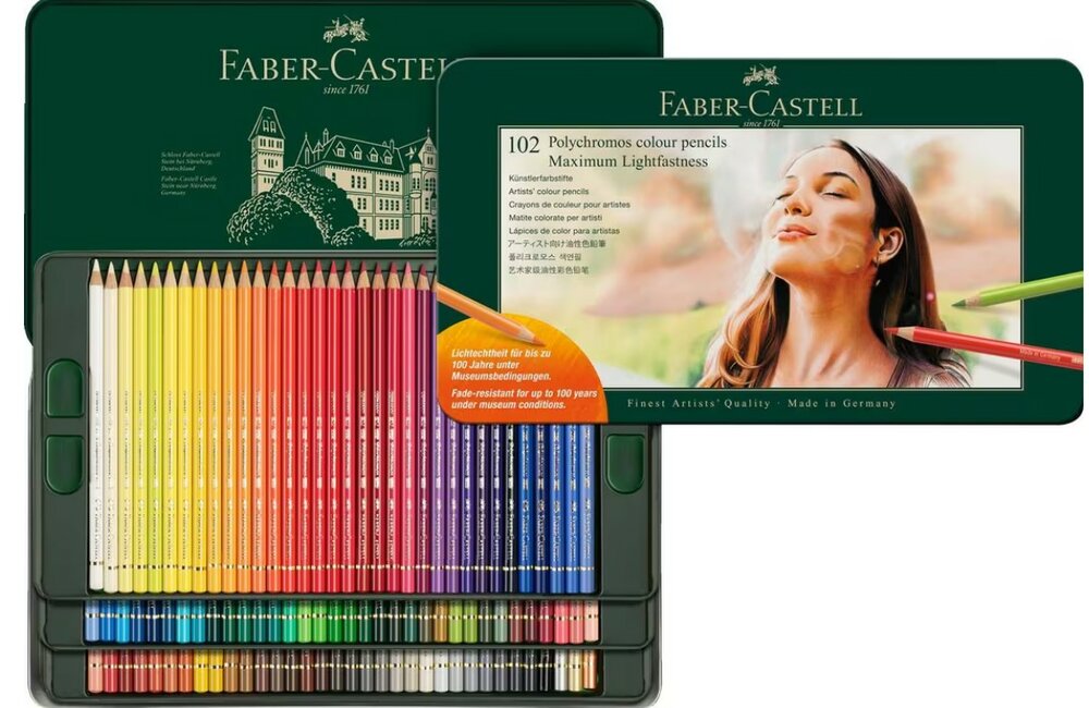 Faber-Castell Polychromos Lightfast 102 kleurpotloden in blik met ronde stift 3,8 mm open set
