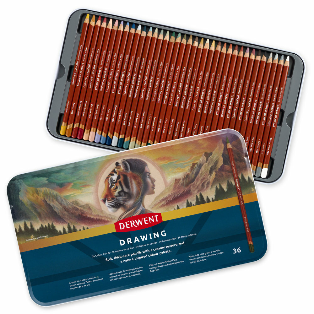 Derwent Drawing potloden set 36 kleuren &ndash; overzicht in blik