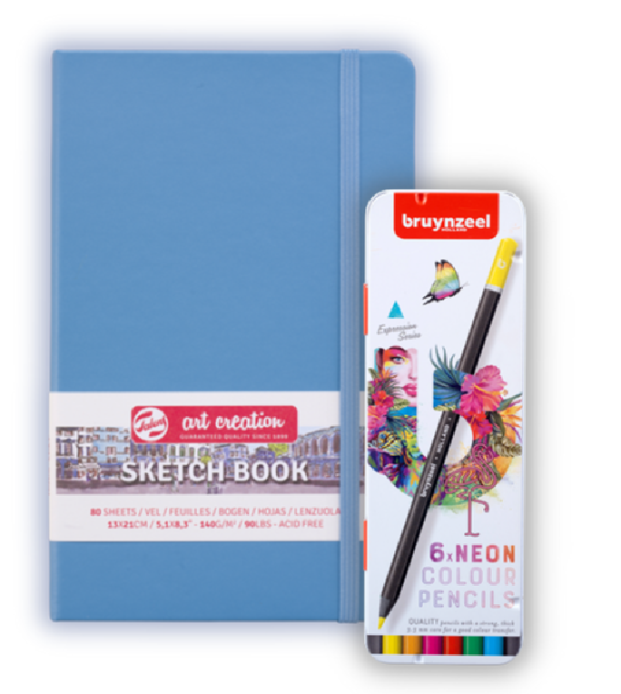 Bruynzeel cadeauset met blauw schetsboek en zes neon kleurpotloden in opvallende kleuren