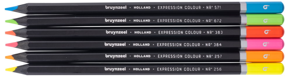 Bruynzeel cadeauset met blauw schetsboek en zes neon kleurpotloden in opvallende kleuren