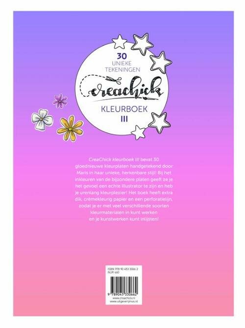 Achterkant CreaChick Kleurboek III met 30 nieuwe handgetekende illustraties op dik cr&egrave;mekleurig papier