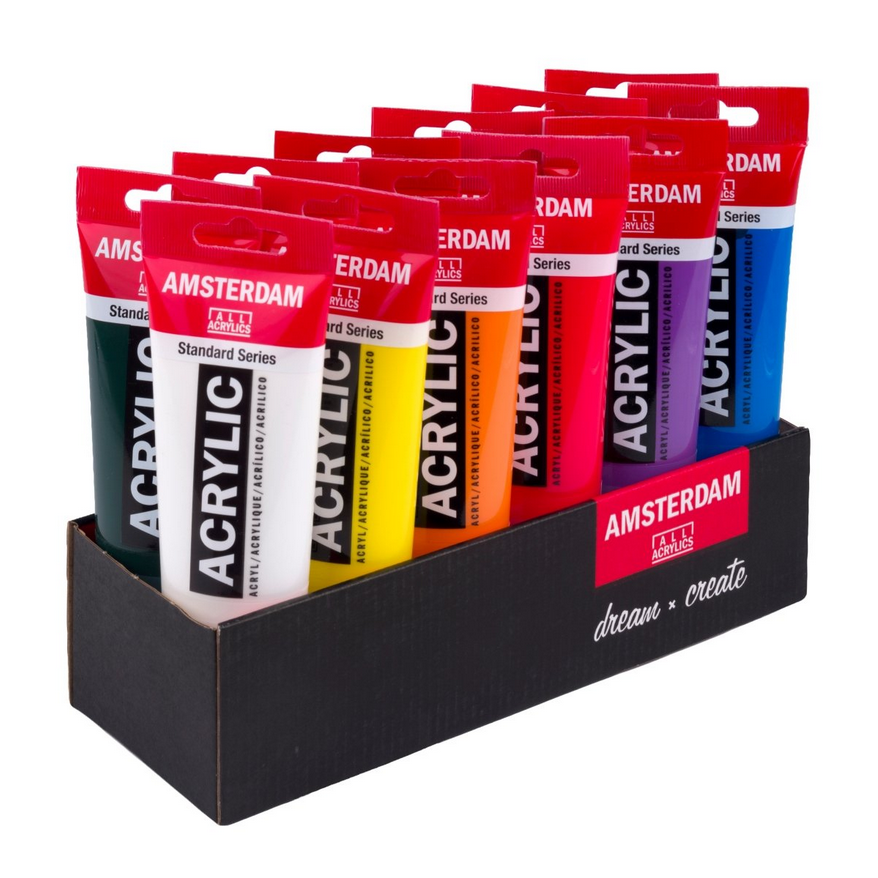 De foto van de doos in de display/tray waar de tubes in staan, zodat de klant ziet hoe het verpakt zit.